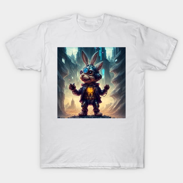 Alien cyborg bunny in sci-fi city landscape T-Shirt by newbeltane